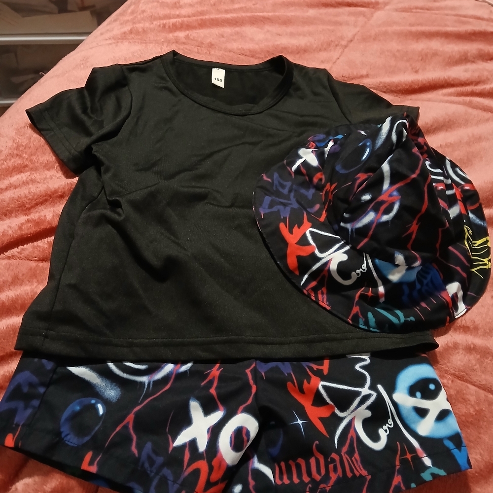 Black T-Shirt and Colorful Graphic Shorts Set